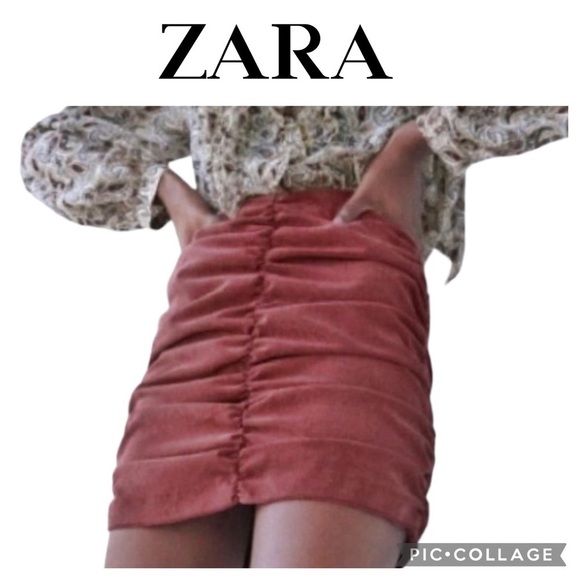 ZARA Ruched corduroy Mini skirt Burgundy Wine size M NWT - Picture 1 of 8
